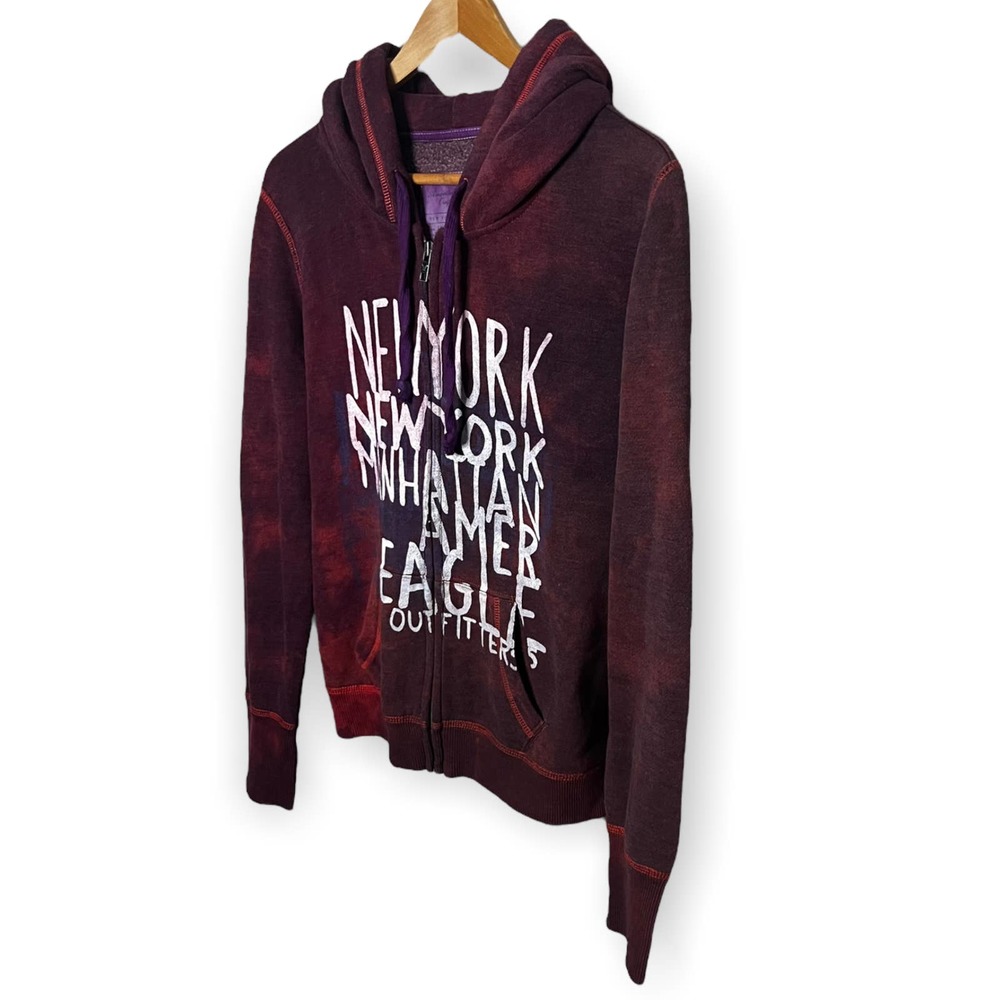 Tie Dyed Upcycled AEO New York Manhattan Purple Long Sleeve Full Zip Hoodie Sz M - Picture 3 of 12